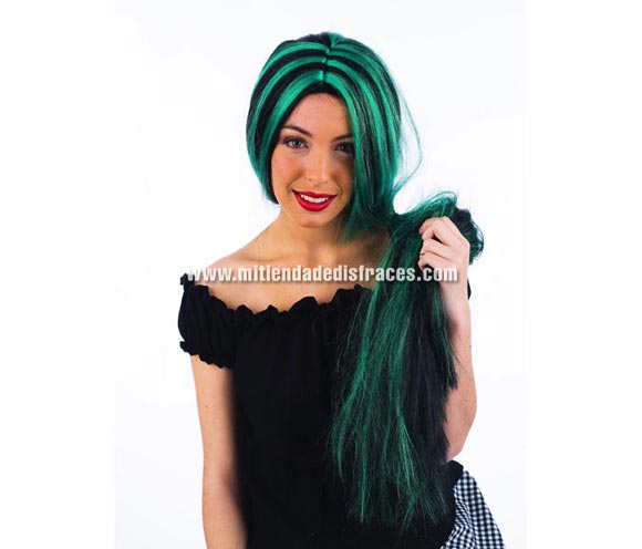 Peluca larga mechas verde-negro deluxe. Alta calidad.