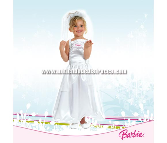 Disfraz de Barbie Novia infantil. Disponible en varias tallas. Incluye vestido (2 piezas) con velo. Disfraz con licencia Barbie ideal como regalo en cualquier fecha del año.