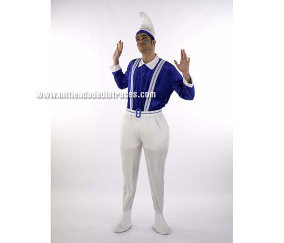 Disfraz de Pitufo adulto Deluxe. Alta calidad. Hecho en España. Disponible en varias tallas. Incluye camisa, gorro, pantalón con tirantes, cinturón y cubrepies. Disfraz de Duende o Elfo para Cabalgatas de Navidad.