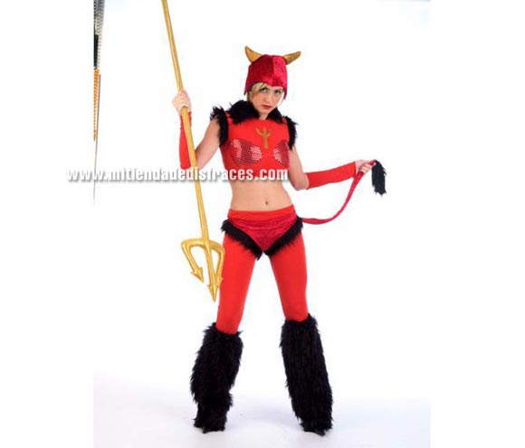 Disfraz de Diablesa Infierno adulta Deluxe. Alta calidad. Hecho en España. Disponible en varias tallas. Incluye pantalón, gorro, cubrebotas, manguitos, top y braga con cola. Medias y Tridente NO incluidos.