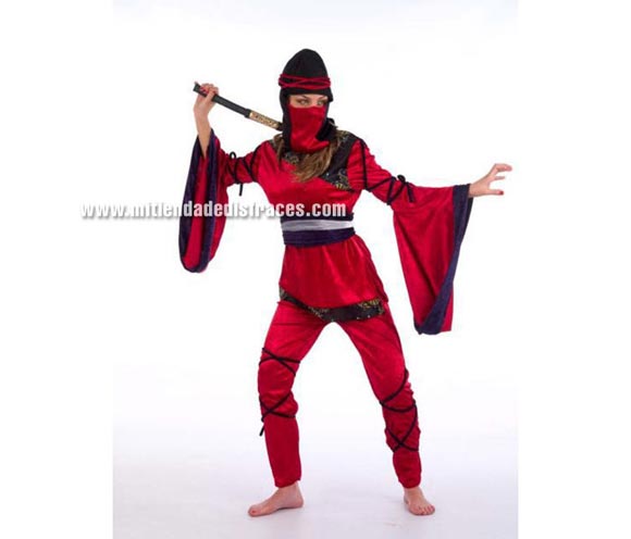 Disfraz de Guerrera Oriental Ninja adulta Deluxe. Alta calidad. Hecho en España. Disponible en varias tallas. Incluye camisa, pantalón, gorro y cinturón. Espada NO incluida, podrás verla en la sección Complementos.