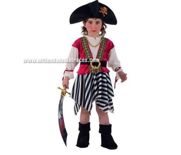 Disfraz de Pirata Aventurera infantil Deluxe. Hecho en España. Disponible en varias tallas. Incluye cubrebotas, sombrero y vestido con cinturón.