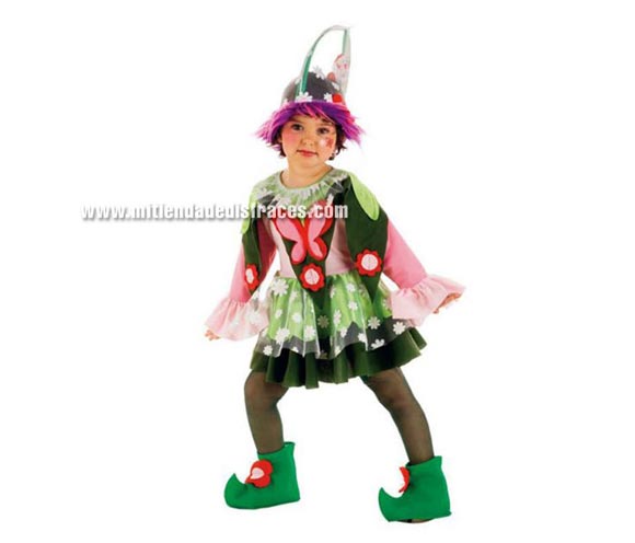 Disfraz de Elfa Primavera infantil Deluxe. Hecho en España. Disponible en varias tallas. Incluye vestido, gorro y cubrebotas. Disfraz de Duende de niña para Cabalgatas de Reyes Magos.