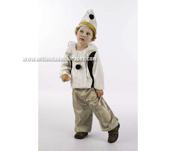Disfraz de Pierrot infantil Deluxe niño. Hecho en España. Disponible en varias tallas. Incluye camisa, pantalón y gorro.