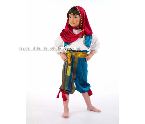 Disfraz de Jazmín Mudéjar infantil Deluxe. Hecho en España. Disponible en varias tallas. Incluye pantalón, pañuelo, fajín y camisa con chaleco.