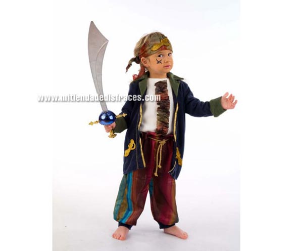 Disfraz de Pirata Saqueador infantil Deluxe. Hecho en España. Disponible en varias tallas. Incluye casaca con camisa, pantalón y pañuelo. Espada NO incluida.