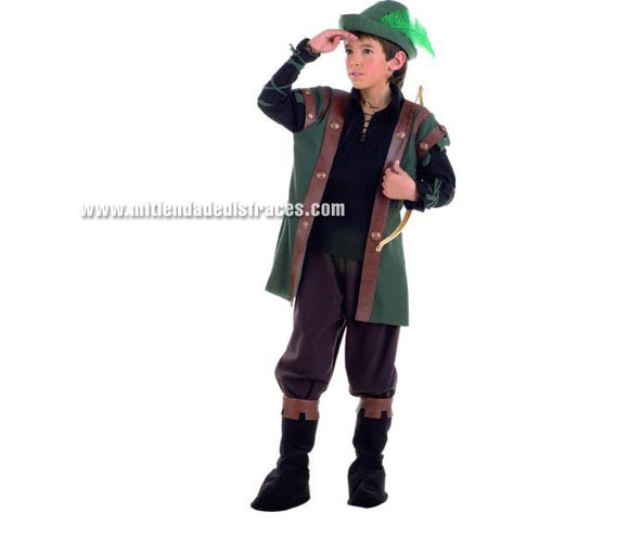Disfraz de Robin Hood infantil Deluxe. Hecho en España. Disponible en varias tallas. Incluye pantalón, gorro, cubrebotas y camisa con chaleco.