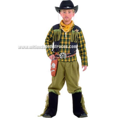 Disfraz de Vaquero Bandido infantil Deluxe. Hecho en España. Disponible en varias tallas. Incluye pantalón, cubrebotas, pañuelo y camisa con chaleco. Sombrero, cartuchera y pistolas NO incluidas, podrás encontrar en nuestra sección de Complementos.
