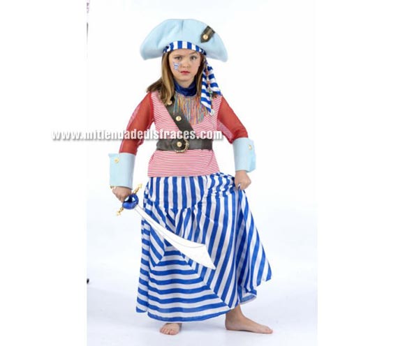 Disfraz de Pirata Aventurera infantil Deluxe. Hecho en España. Disponible en varias tallas. Incluye camisa, falda, gorro, cinturón, puños y pañuelo. Espada NO incluida, podrás verla en la sección Complementos.