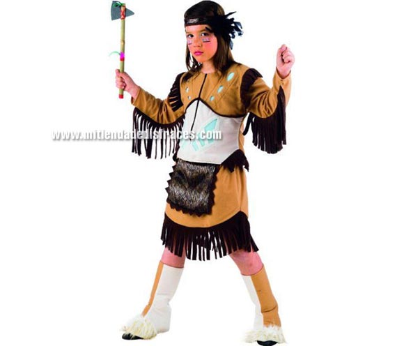 Disfraz de India Sioux infantil Deluxe. Hecho en España. Disponible en varias tallas. Incluye camisa, falda, cubrebotas y cinta cabeza. Hacha NO incluida, podrás verla en la sección Complemantos.