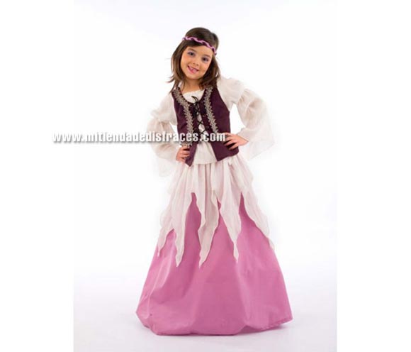 Disfraz de Julieta Medieval infantil Deluxe. Hecho en España. Disponible en varias tallas. Incluye camisa con corpiño, falda y diadema.