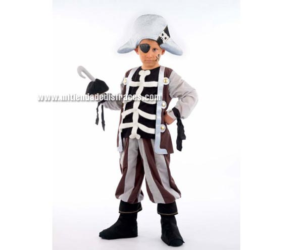 Disfraz de Pirata Garfio infantil Deluxe. Hecho en España. Disponible en varias tallas. Incluye cubrebotas, pañuelo, camisa con chaleco, pantalón con botas de tela y garfio de tela. Parche NO incluido, podrás verlo en la sección Complementos.