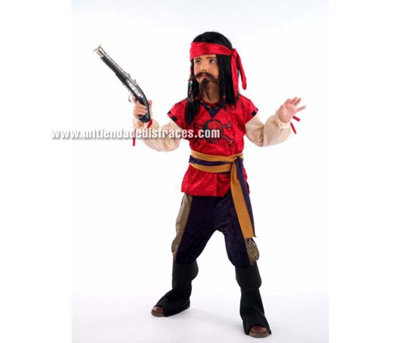 Disfraz de Pirata Corsario infantil Deluxe. Hecho en España. Disponible en varias tallas. Incluye camisa, pañuelo, fajín y pantalón con cubrebotas. Pistola NO incluida, podrás verla en la sección Complementos.