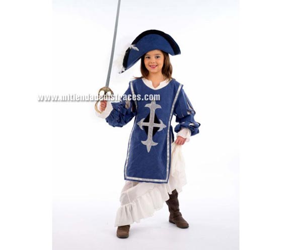 Disfraz de Mosquetera Julietta infantil Deluxe. Hecho en España. Disponible en varias tallas. Incluye sombrero y vestido con casaca. Espada NO incluida, podrás verla en la sección Complementos.