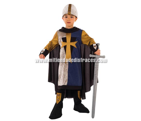 Disfraz de Medieval Conquistador infantil Deluxe. Hecho en España. Disponible en varias tallas. Incluye cubrebotas, casaca con capa y casco de tela. Espada NO incluida. Disfraz de Guerrero Medieval para niños.