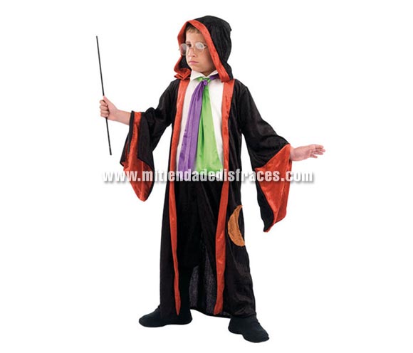 Disfraz de Mago infantil Deluxe. Hecho en España. Disponible en varias tallas. Incluye pantalón, túnica con capucha y camisa. Varita NO incluida.  Podría valer como disfraz de Harry Potter.
