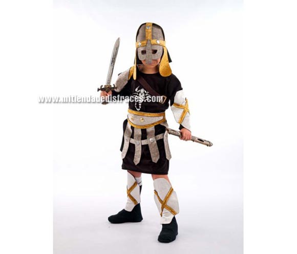 Disfraz de Gladiador Escorpión infantil Deluxe. Hecho en España. Disponible en varias tallas. Incluye cinturón, polainas, puños, casaca y casco de tela. Espada NO incluida, podrás verla en la sección Complementos.