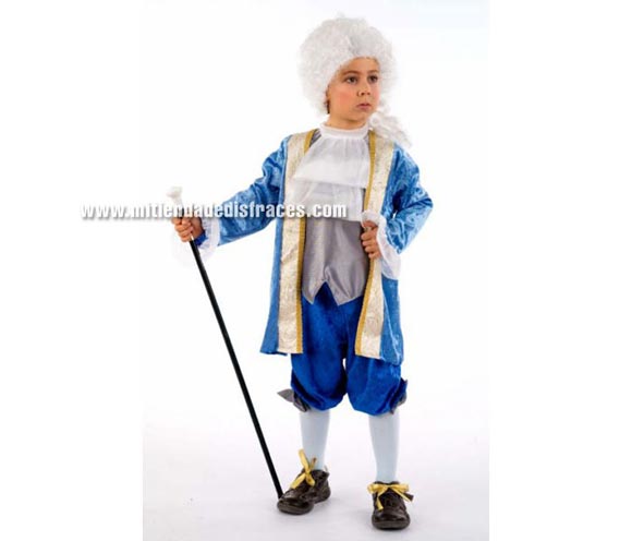 Disfraz de Caballero de Época Luis XV infantil Deluxe. Hecho en España. Disponible en varias tallas. Incluye lazos de los zapatos, pantalón, chaqueta  con camisa y chorrera del cuello. Peluca NO incluida, podrás verla en la sección Pelucas.