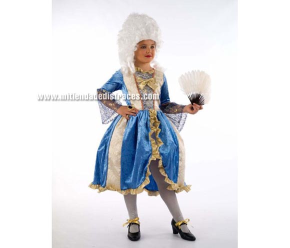 Disfraz de Mª Antonieta o de Época infantil Deluxe. Hecho en España. Disponible en varias tallas. Incluye vestido y lazos de los pies. Peluca NO incluida, podrás verla en la sección Pelucas.