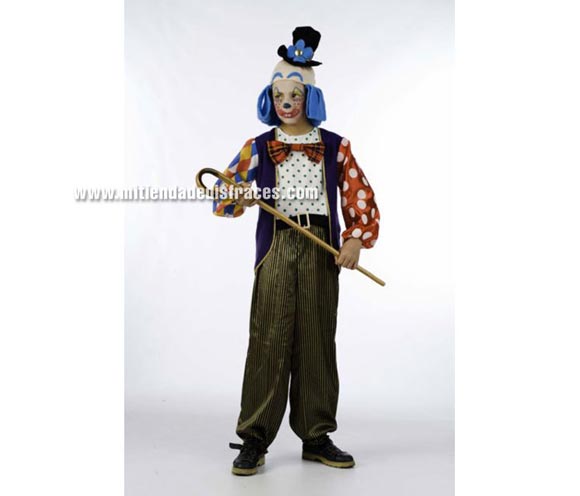 Disfraz de Payaso infantil Deluxe. Hecho en España. Disponible en varias tallas. Incluye pantalón, gorro con calva y peluca de tela, chaqueta con camisa y pajarita. Bastón NO incluido.