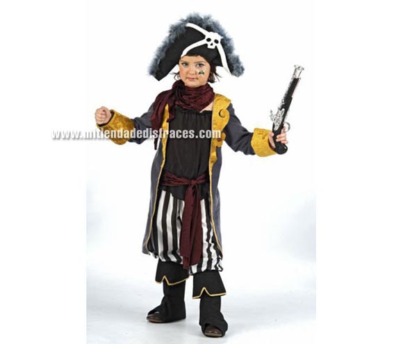 Disfraz de Pirata Bucanera infantil Deluxe. Hecho en España. Disponible en varias tallas. Incluye gorro, pañuelo, chaqueta con camisa, fajín y pantalón con cubrebotas. Pistola NO incluida, podrás verla en la sección Complementos.