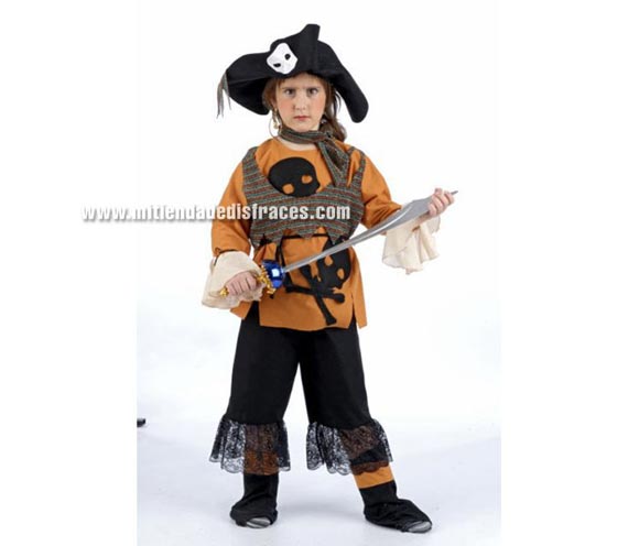 Disfraz de Pirata Malvada infantil Deluxe. Hecho en España. Disponible en varias tallas. Incluye pntalón, cubrebotas, pañuelo, sombrero y camisa con chaleco. Espada NO incluida, podrás verla en la sección Complementos.