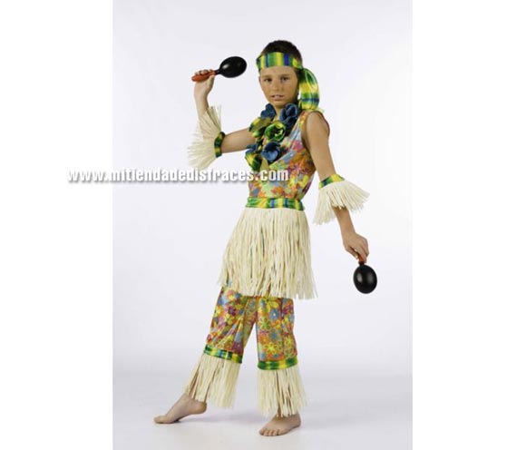 Disfraz de Hawaiano infantil Deluxe. Hecho en España. Disponible en varias tallas. Incluye camisa, pantalón, falda, manguitos, cinta cabeza y collar. Maracas NO incluidas, podrás verlas en la sección Complementos.