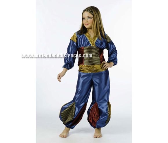 Disfraz de Jazmín Berberisca infantil Deluxe. Hecho en España. Disponible en varias tallas. Incluye camisa, pantalón, diadema y fajín. Disfraz de Paje de niña para Cabalgatas de Reyes en Navidad.
