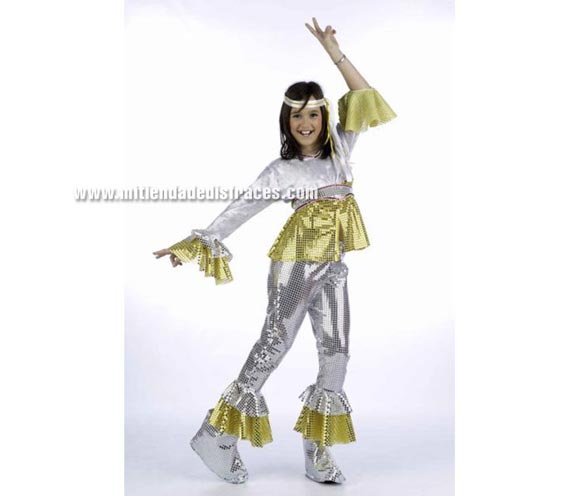 Disfraz de Hippie Musical infantil Deluxe. Hecho en España. Disponible en varias tallas. Incluye camisa, pantalón, cubrebotas y cinta cabeza. Disfraz de Abba infantil.