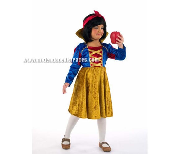 Disfraz de Blancanieves infantil Deluxe. Hecho en España. Disponible en varias tallas. Incluye vestido con cuello y cinta de la cabeza. 