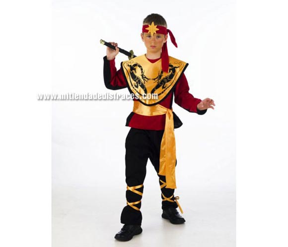 Disfraz de Ninja infantil Deluxe. Hecho en España. Disponible en varias tallas. Incluye camisa, pantalón, cinta cabeza, fajín y canesú. Espada NO incluida, podrás verla en la sección Complementos.