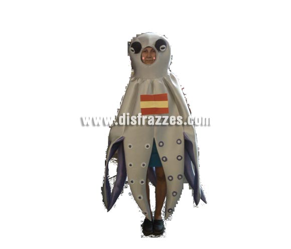 Disfraz de Pulpo Pol para Carnaval. Disfraz ideal para Peñas, Grupos y Comparsas con posibilidad de confeccionar en más colores. Talla universal de adultos. Incluye disfraz con Bandera. Disfraz muy original y Exclusivo para homenajear al adivino del Mundial. Con las predicciones de éste Pulpo tan simpático hemos alucinado por haber ganado la Copa del Mundo con nuestra Selección Española de Fútbol.