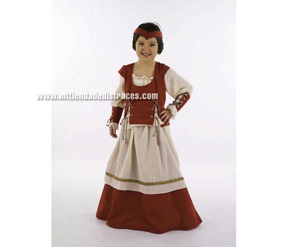 Disfraz de Medieval Scarlet infantil Deluxe. Hecho en España. Disponible en varias tallas. Incluye camisa con chaleco, falda y diadema.
