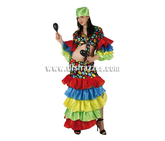 Disfraz de Rumbera adulta. Talla 2, standar = 38/42. Incluye camisa, falda y pañuelo. Disfraz de Caribeña o Brasileña para mujer. La pareja de éste disfraz es la ref. 19793AT.