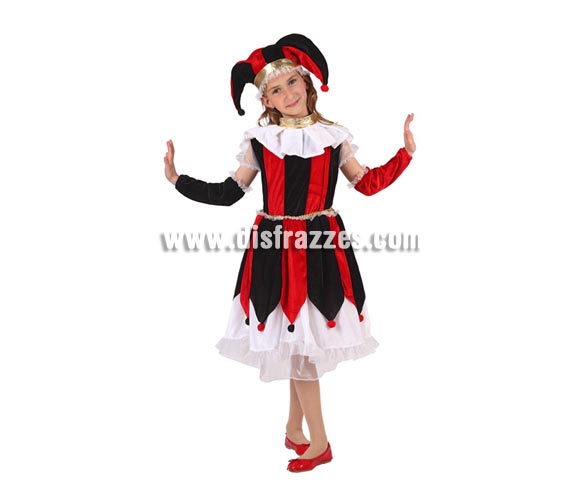 Disfraz de Arlequín o Bufón para niñas de 5 a 6 años. Incluye vestido, manguitos y gorro.