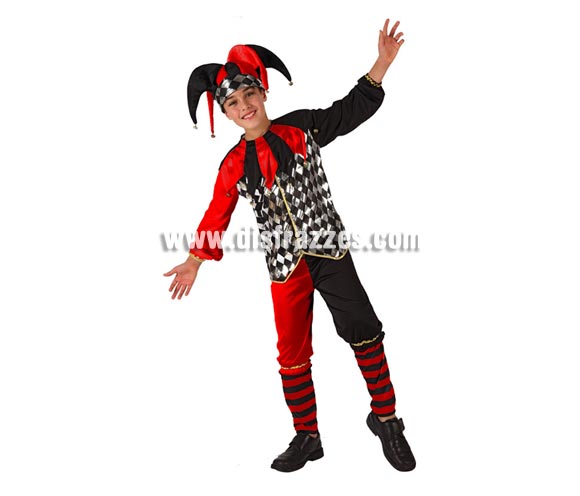 Disfraz de Arlequín o Bufón para niños de 7 a 9 años. Incluye pantalón, camisa con cuello y gorro.