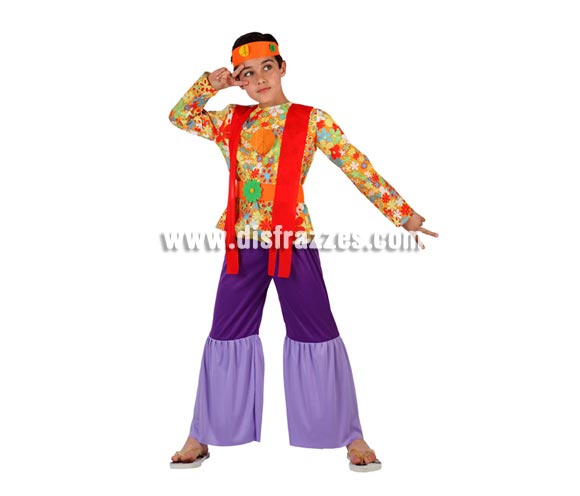 Disfraz de Hippie para niños de 7 a 9 años. Incluye camiseta con cinturón, pantalón de campana y cinta de la cabeza.