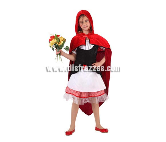 Disfraz de Caperucita Roja para niñas de 5 a 6 años. Incluye vestido y capa con capucha. Ramo NO incluido.