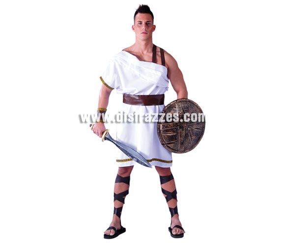 Disfraz de Espartano para hombre. Talla standar 52/54. Incluye vestido, cinturón y brazaletes. Espada y escudo NO incluidos, podrás ver éstos artículos o similares en la sección de Complementos. Cintas de las piernes NO incluidas. También puede valer para disfraz de Romano en Navidad.