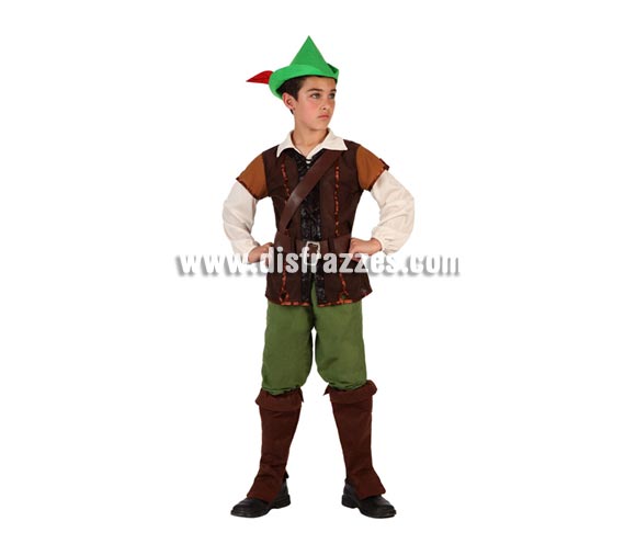 Disfraz de Niño de los Bosques o de Robin Hood para niños de 7 a 9 años. Incluye cubrebotas, pantalón, camiseta, chaleco, cinturón y gorro con pluma.