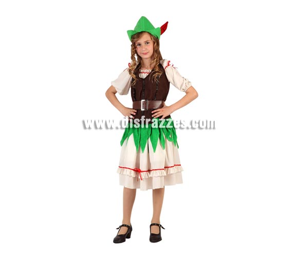 Disfraz de Niña de los Bosques o de Robin Hood para niñas de 7 a 9 años. Incluye falda, camiseta, corse, cinturón y gorro con pluma.