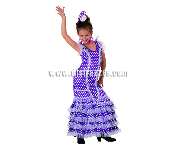 Disfraz de Sevillana Púrpura con lunar blanco para niñas de 3 a 4 años. Incluye vestido y flor de la cabeza. Pendientes y Peineta NO incluidas, podrás verlas en la sección de Complementos. 