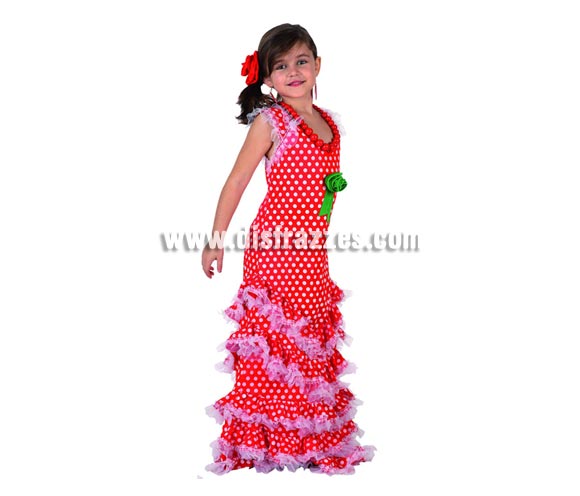 Disfraz de Sevillana Rojo con lunar blanco para niñas de 5 a 6 años. Incluye vestido y flor de la cabeza. Pendientes y Collar NO incluidos, podrás verlos en la sección de Complementos.