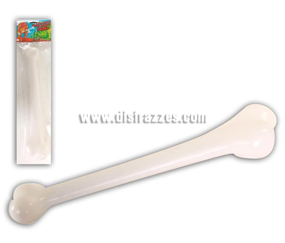 Hueso PVC de Cavernícola o Troglodita. Medidas del envase 59x15cm para hacerse una idea del tamaño del hueso. Hueso que también se puede usar en Halloween tanto para decoración, como para llevar como complemento en la mano.
