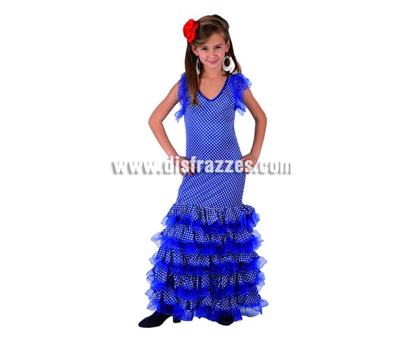 Disfraz de Sevillana Azul con lunar blanco para niñas de 10 a 12 años. . Incluye vestido y flor de la cabeza. Pendientes NO incluidos, podrás verlos en la sección de Complementos.