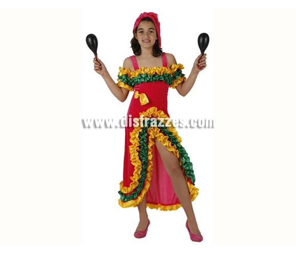 Disfraz de Brasileña Rosa para niñas de 10 a 12 años. Incluye vestido y pañuelo. Maracas NO incluidas, podrás encontrar maracas en la sección de Complementos. 