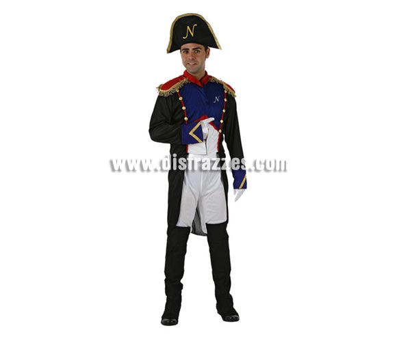 Disfraz de Napoleón para hombre. Talla 2 ó standar, M-L = 52/54. Incluye sombrero, chaqueta y pantalón con cubrebotas. Guantes NO incluidos.