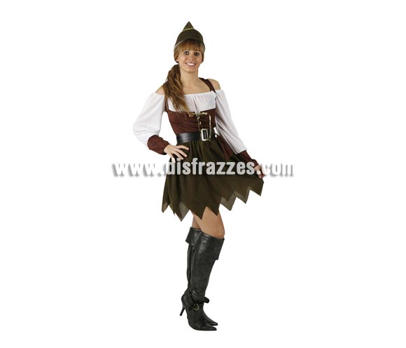 Disfraz de Arquera para mujer. Talla 2 ó talla standar M-L = 38/42. Incluye vestido, cinturon y gorro. Disfraz de Robin Hood para mujer.