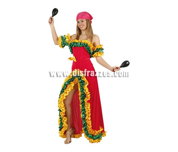 Disfraz de Brasileña Rosa para mujer. Talla 3 ó talla XL = 44/48. Incluye vestido, pañuelo y mangas. Maracas NO incluidas, podrás ver algunas en la sección de Complementos.