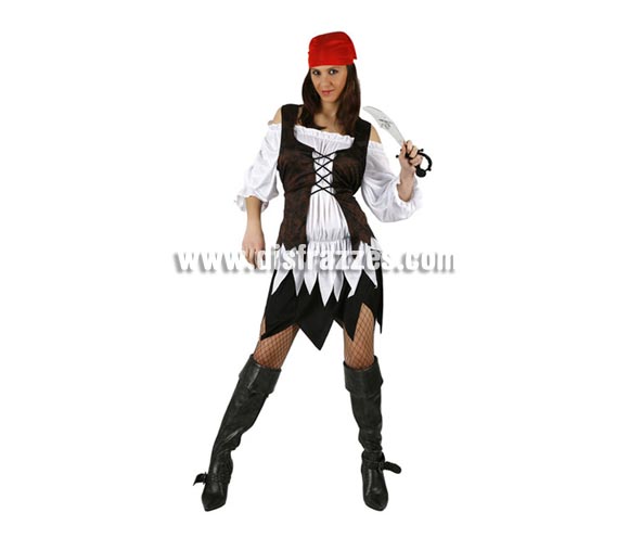 Disfraz barato de mujer Pirata sexy. Talla standar M-L = 38/42. Incluye falda, camisa, chaleco y pañuelo.